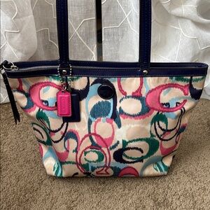 Coach IKAT Scribble Print Fabric Tote With Navy Blue Trim & Handles